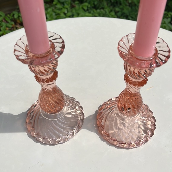 Taiwan Pink Depression Glass (Set of 2) Candlesticks Holders GLOW 6" Tall - Picture 3 of 7